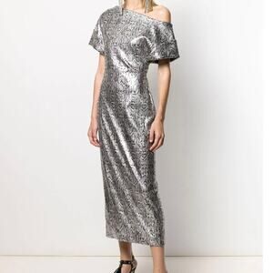 Christopher Kane Metallic Silver Snakeskin Midi Dress Asym Neckline Size 2
